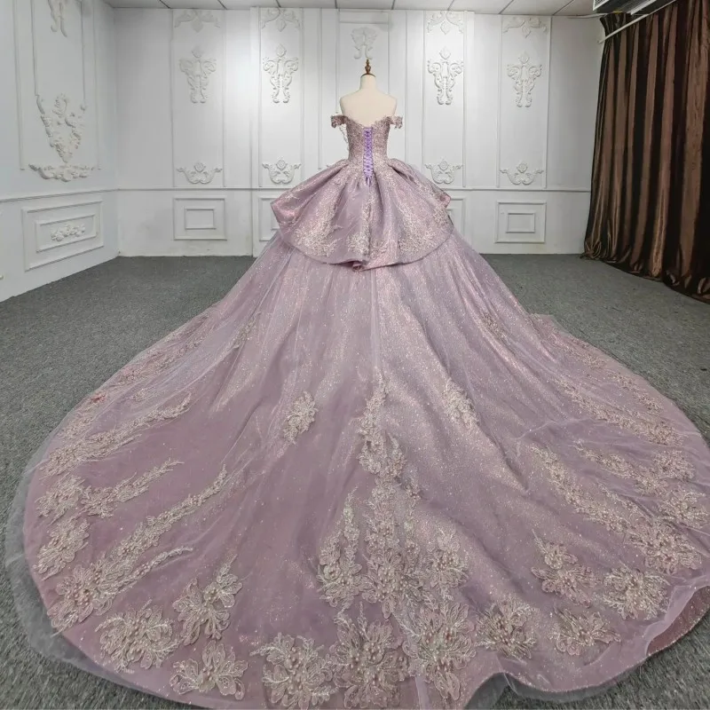 Luxury Lavender Shiny Off the Shoulder Quinceanera Dress Ball Gown Sweet 16 Dress Sequin Appliques Beading Long Sweep Train Gown