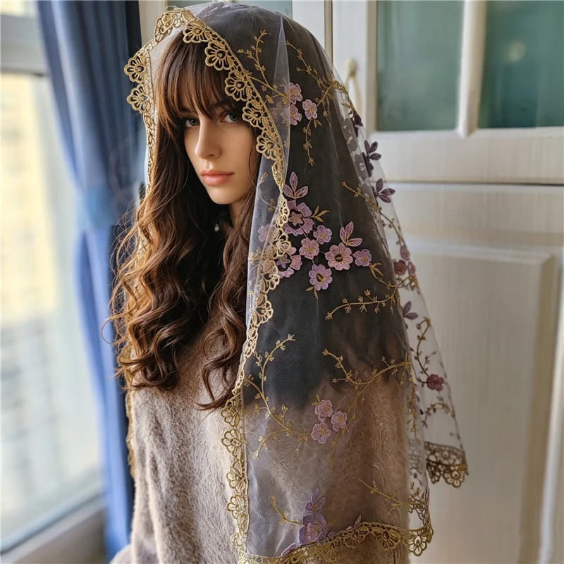 Purple Gold Embroidered Mantilla Veils Catholic Mass Chantilly Women Head Covering Cross Beading Trim D Shape Infinity Vintage