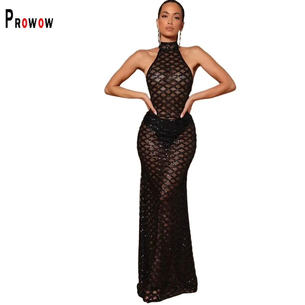 

Prowow Sexy Women's Maxi Dress Sheer Mesh Backless Dresses for Birthday Party Evening Sleeveless Fashion Sequined Female Clothes