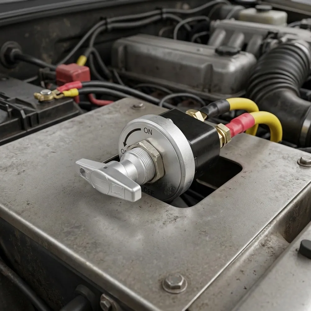 12V High-Current Battery Cutoff Switch for Automotive and Marine Use with 500A Rating and Panel-Mount Secure Locking