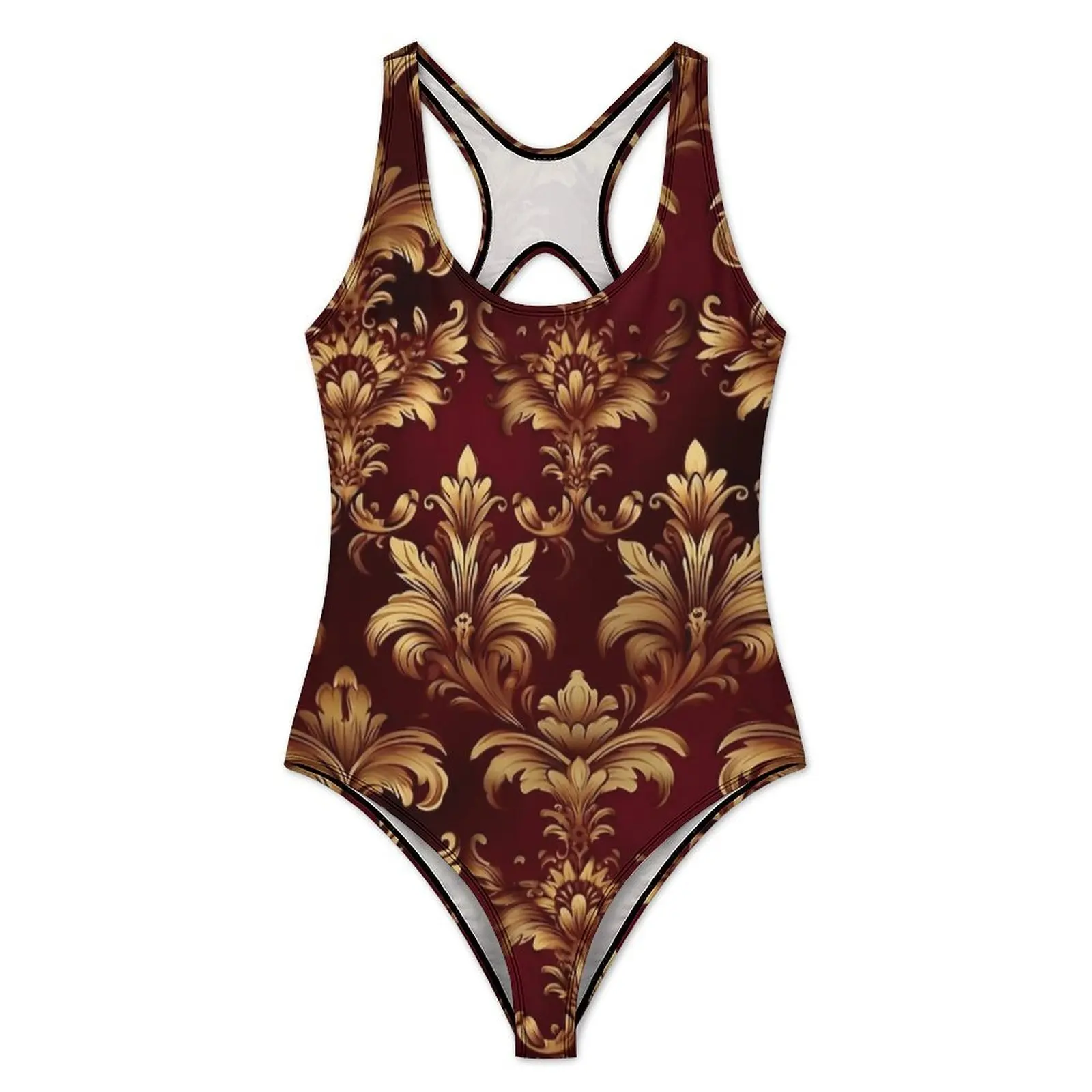 Wine Red Golden Classic Damask Pattern Swimsuit  One Piece Swimwear Push Up Stylish Monokini Sexy Holiday Pool Graphic Bodysuit