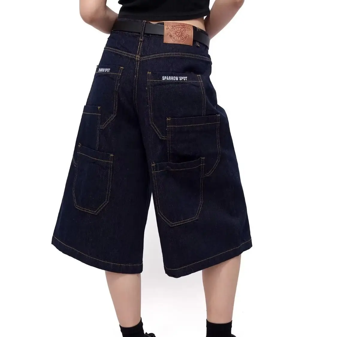 Calças Jeans Casuais Bordadas com Design Retrô e Bolsos Grandes, Modelo Solto e Comprimento Longo, para Homens e Mulheres, Ca...