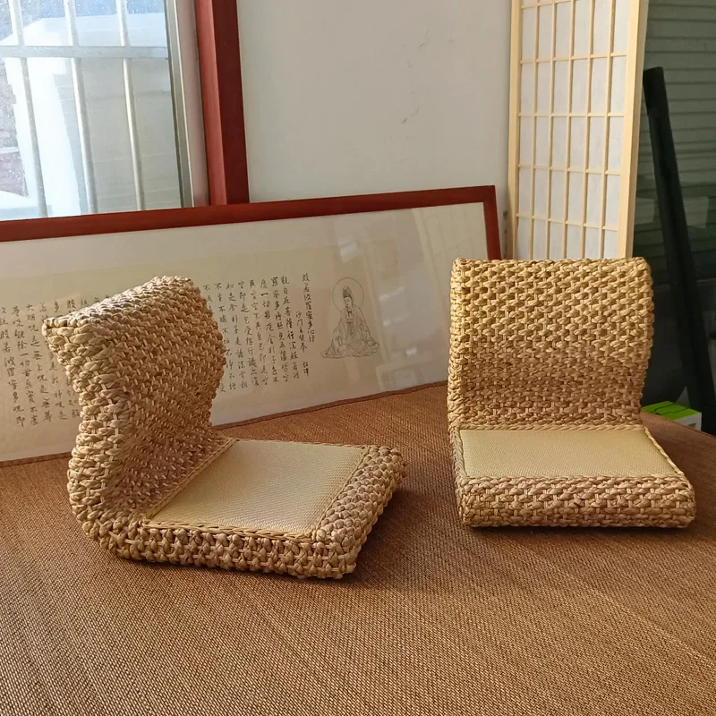 Handmade Straw & Rattan Living Room Chairs Japanese Floor Legless Chair Tatami Backrest Chair for Balcony Natural Home Furniture