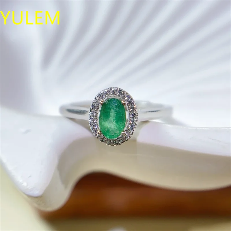 YULEM New Ring 925 Silver Natural Colombian Emerald Ring for Women with Certificate Elegant Gorgous Fine Jewelry