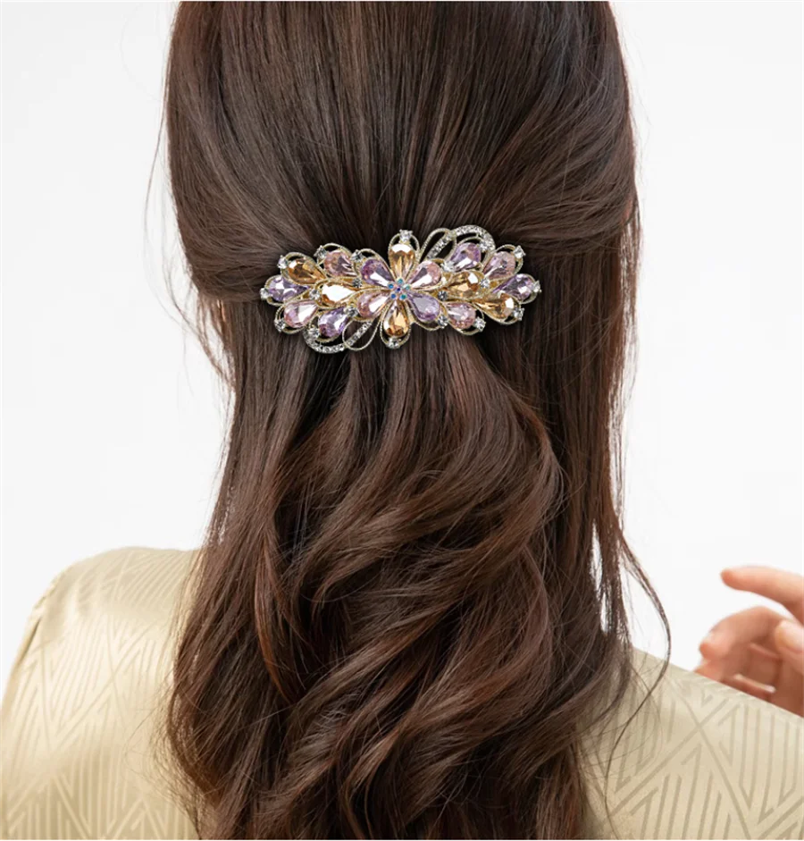 Korean Retro Crystal Flower Spring Hair Clip Vintage Rhinestone Horizontal Clip Top Clip Elegant Mom Fashion Hair Accessories
