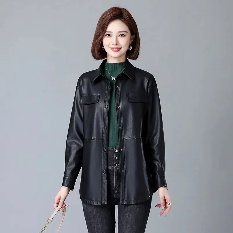 Sheepskin Leather Jacket For Women Spring Autumn 2024 New Middle-aged Mother Casual Loose Faux PU Leather Coat With Belt 3XL