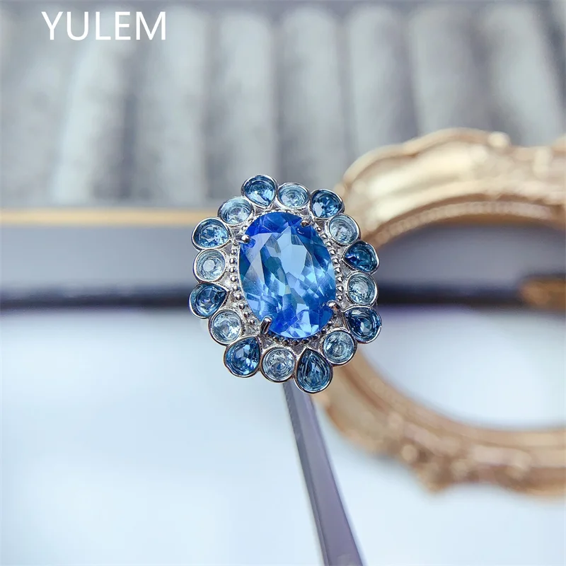 

Кольцо с супер большим драгоценным камнем, овальной огранки 10x14 мм, серебряное кольцо с синим топазом и драгоценным камнем для дизайна вечеринки с подарочной коробкой