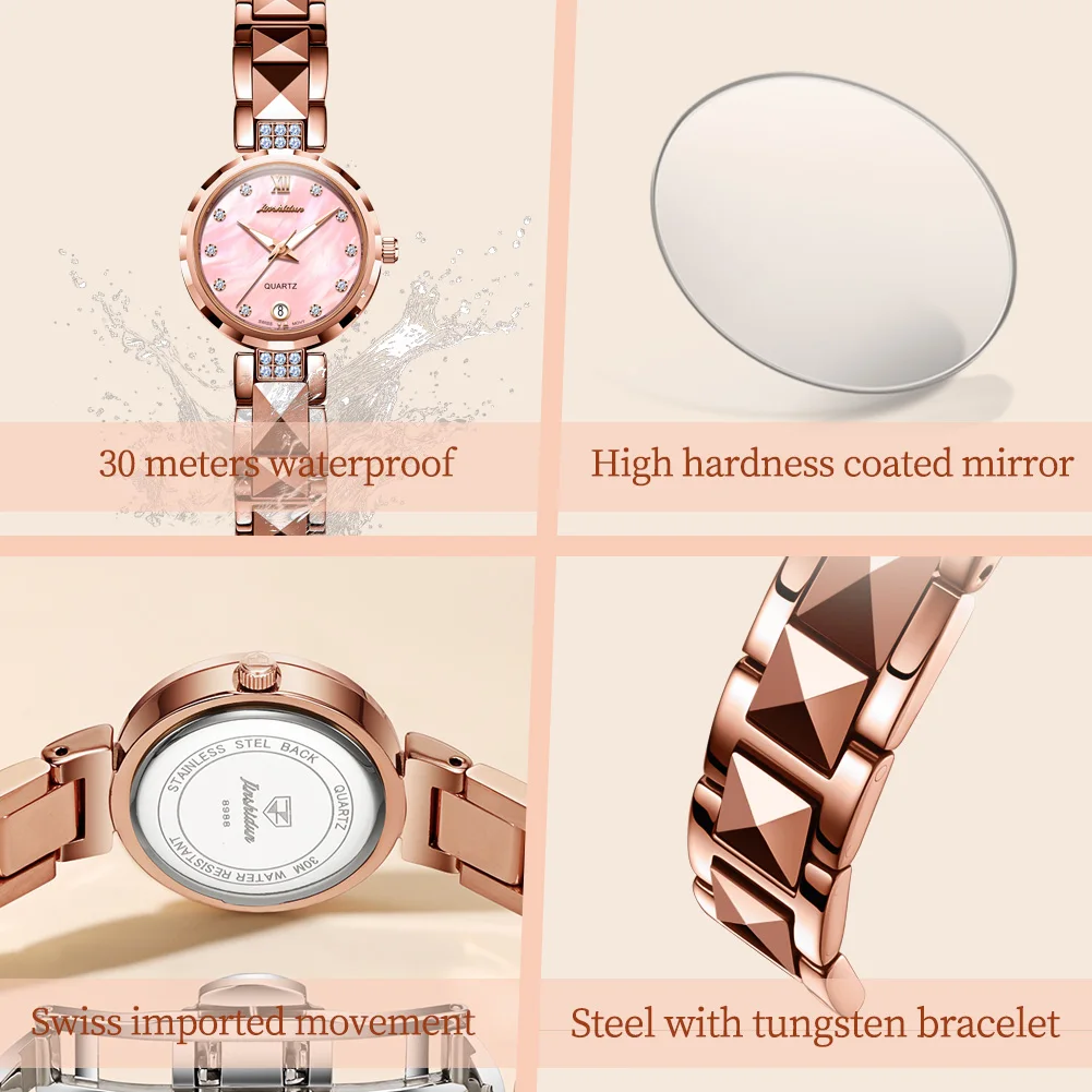JSDUN 8988 ساعة نسائية فاخرة أنيقة سويسرية كوارتز حركة ساعة اليد مقاوم للماء التنغستن الصلب السيدات تاريخ طقم ساعات هدية صندوق