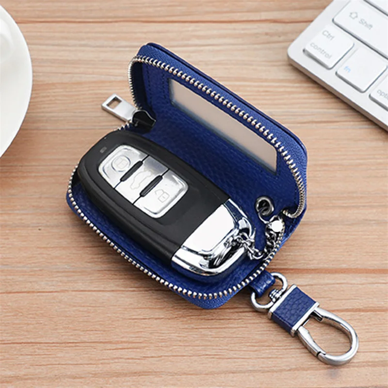 Visual Mirror Window Car Key Protector Bag Leather Key Holder Mini Auto Key Pocket Case Retro Keyring Wallet Zipper Bag