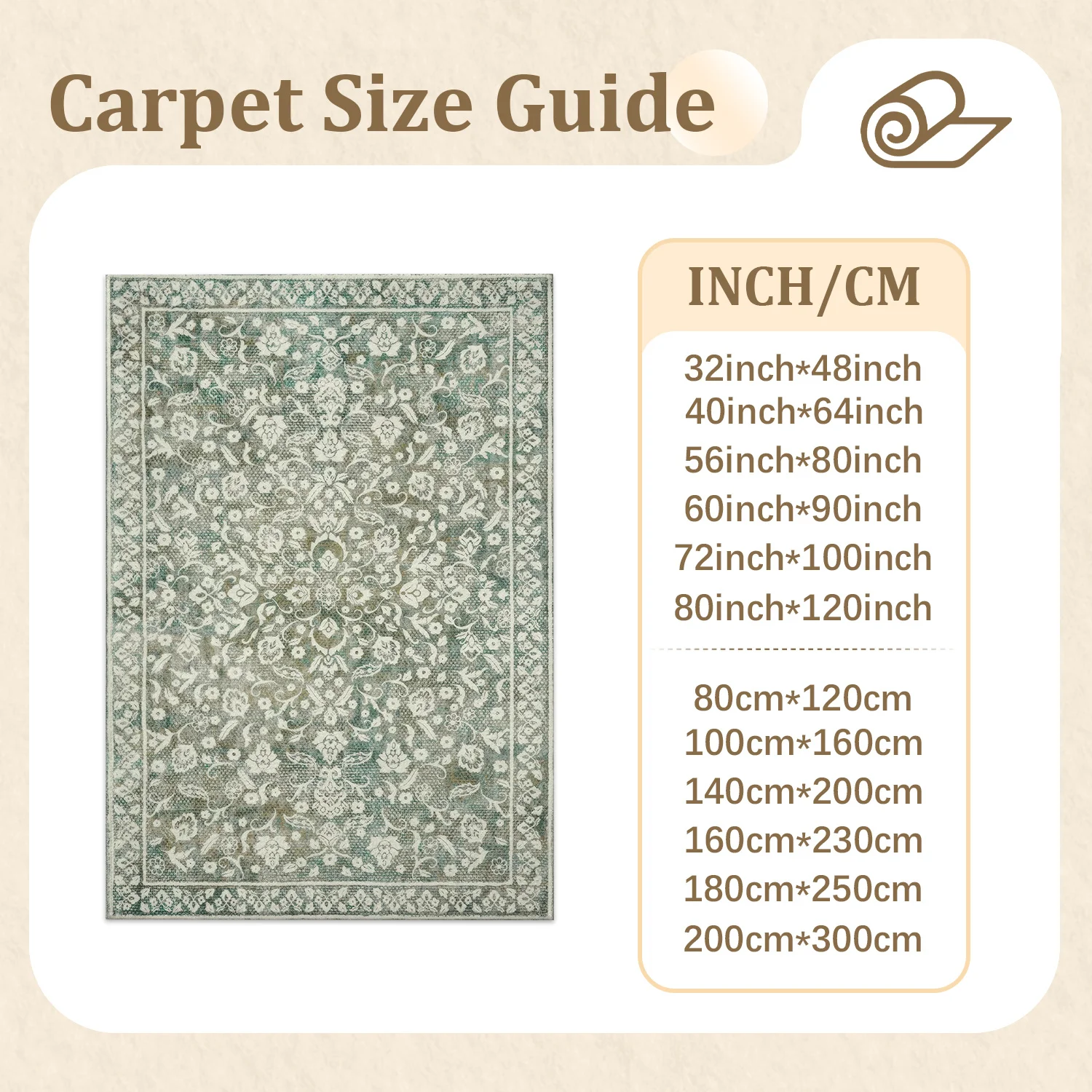 Large Indoor Vintage Floral Area Rug, Muted Teal and Cream Pattern, Soft Velvet Low Pile, Non-Slip Dotted Backing, Machine Washable for Living Room Bedroom
