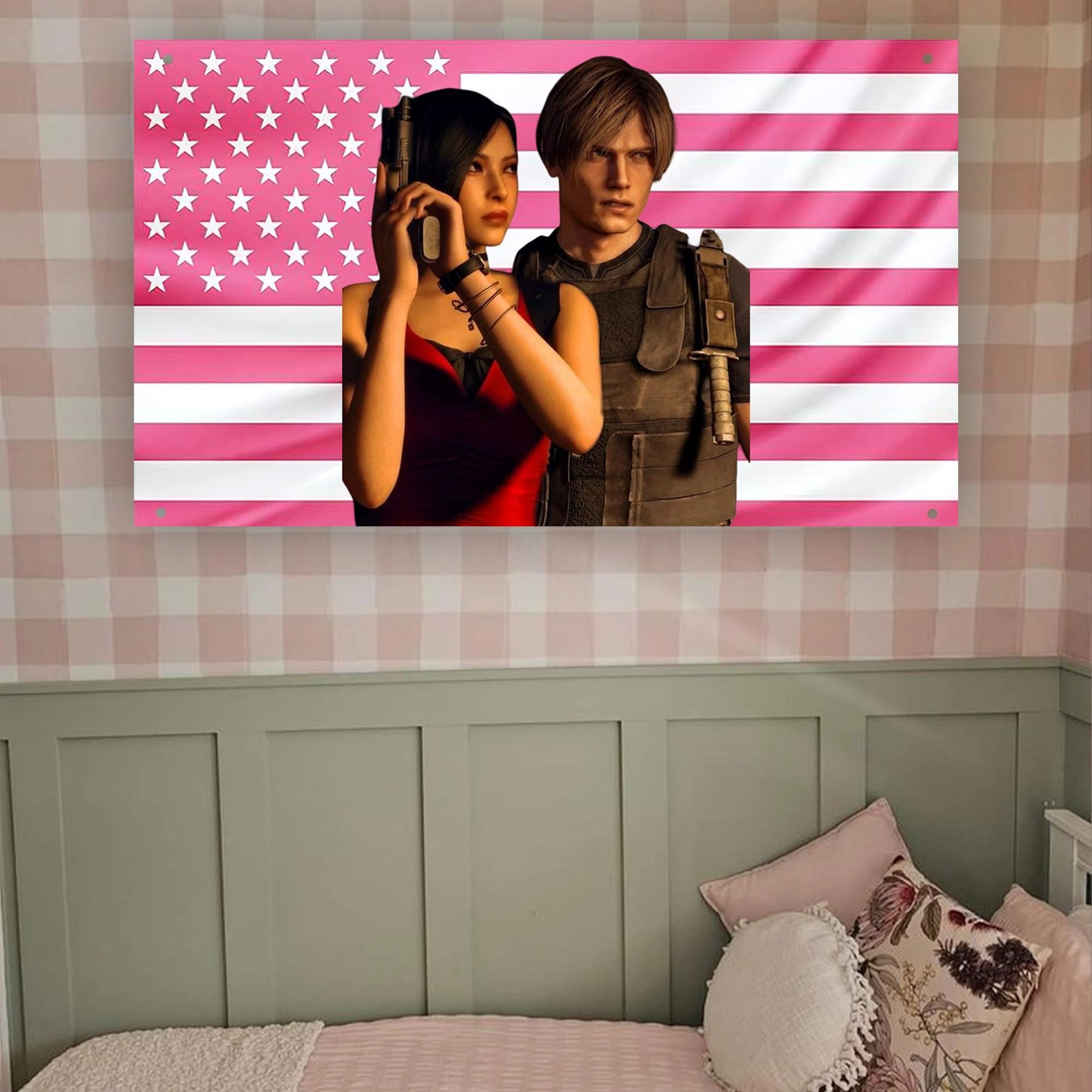Ada Wong & Leon Kennedy Pink American Flag Tapestry, Resident Evil Gaming Wall Flag for Fan Room Dorm Bedroom Decor