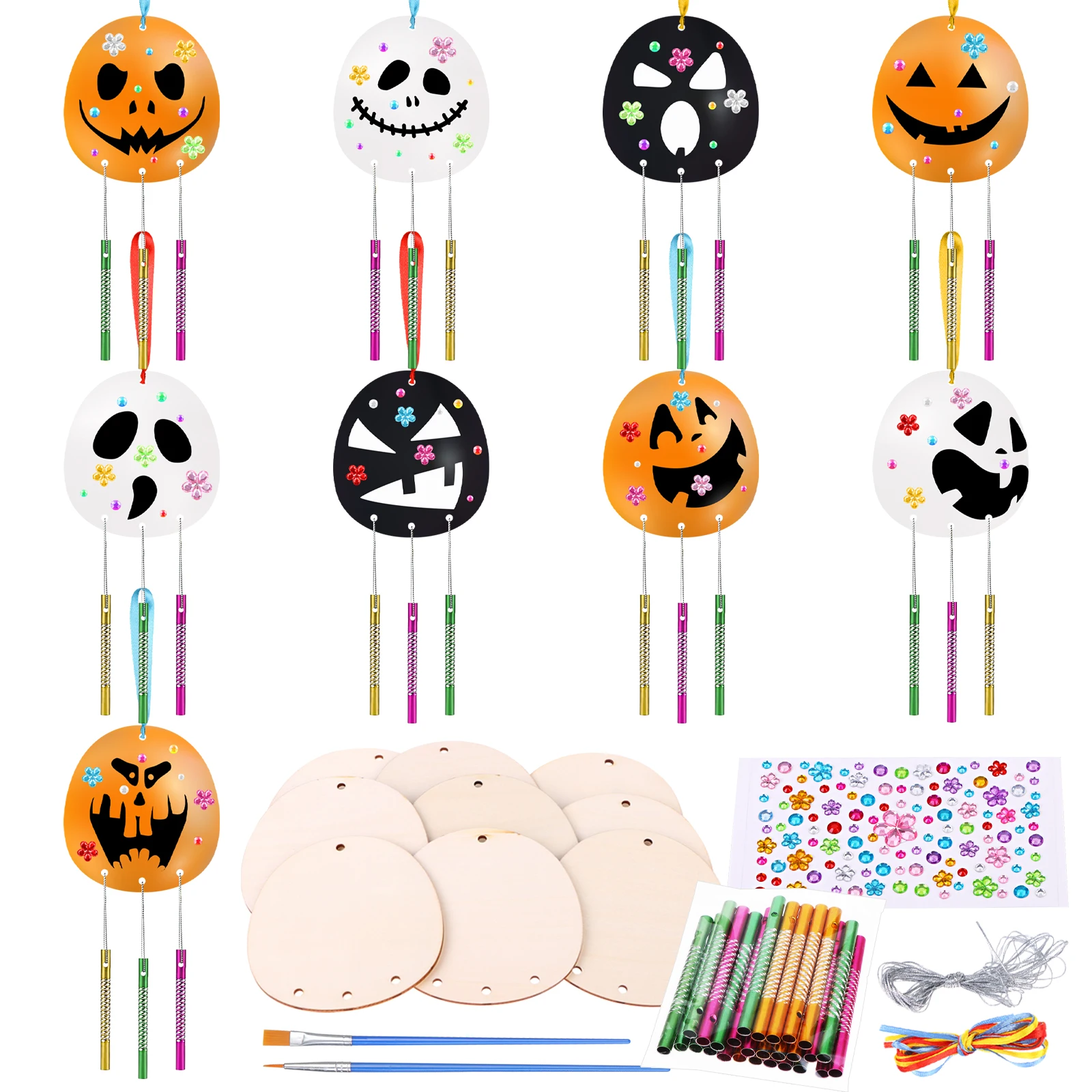 PIAOPIAONIU 9 Pack Halloween Wind Chime Kit DIY Wooden Halloween Wind Chime Hanging Decor Make You Own Halloween Crafts With Win