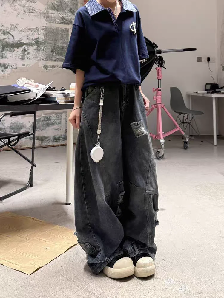 المرأة السوداء القوطية Y2k فضفاض ممزق الجينز Harajuku خمر سراويل جينز اليابانية 2000s نمط الجرونج ايمو الجينز السراويل الملابس