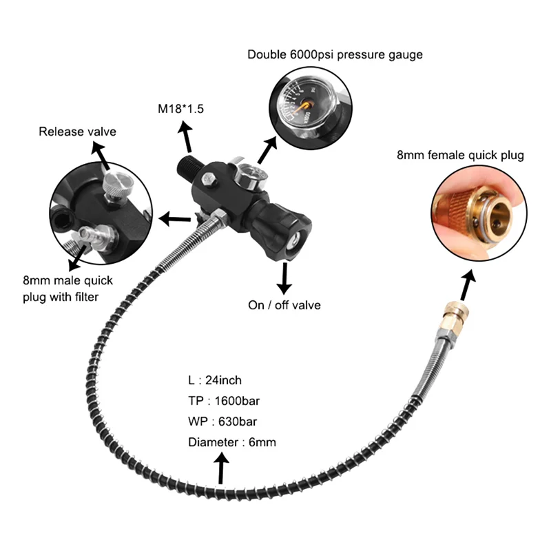 HPAT M18X1.5 Fill Refill Station Tank Charging Valve Dual Gauge with 50cm High Pressure Hose