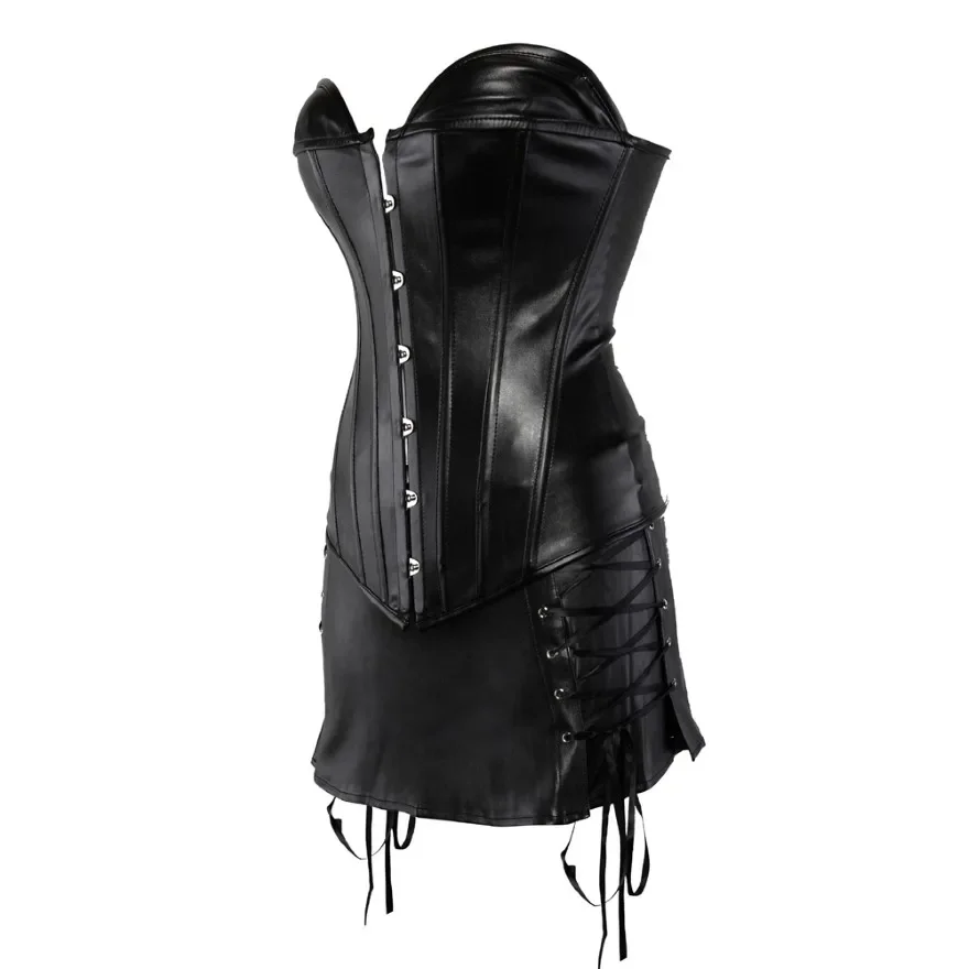 Sexy Leather Corsets Skirt Burlesque Zipper Gothic Punk Steampunk Bustier Corset Overbust Dresses Korsett Plus Size Black Red