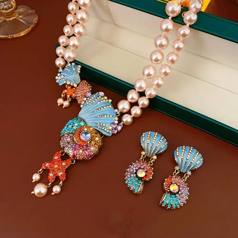 

Double-layer Necklace Earrings Retro Set Crystal Pearl Conch Exaggerated Design Light Luxury Style Fashion Jewelry Sets Party