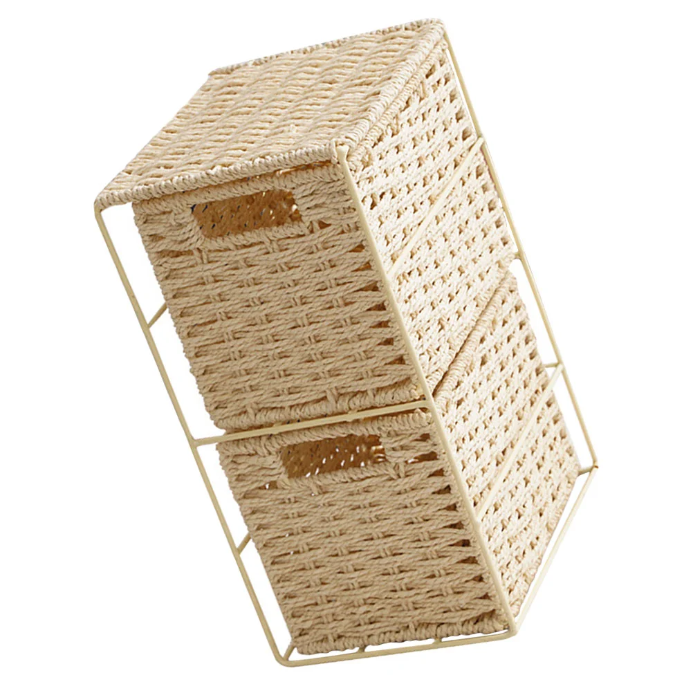 Storage Baskets Rattan Double Layer Organizer Container Box Sundries Dual-layer Drawer Type Khaki Home