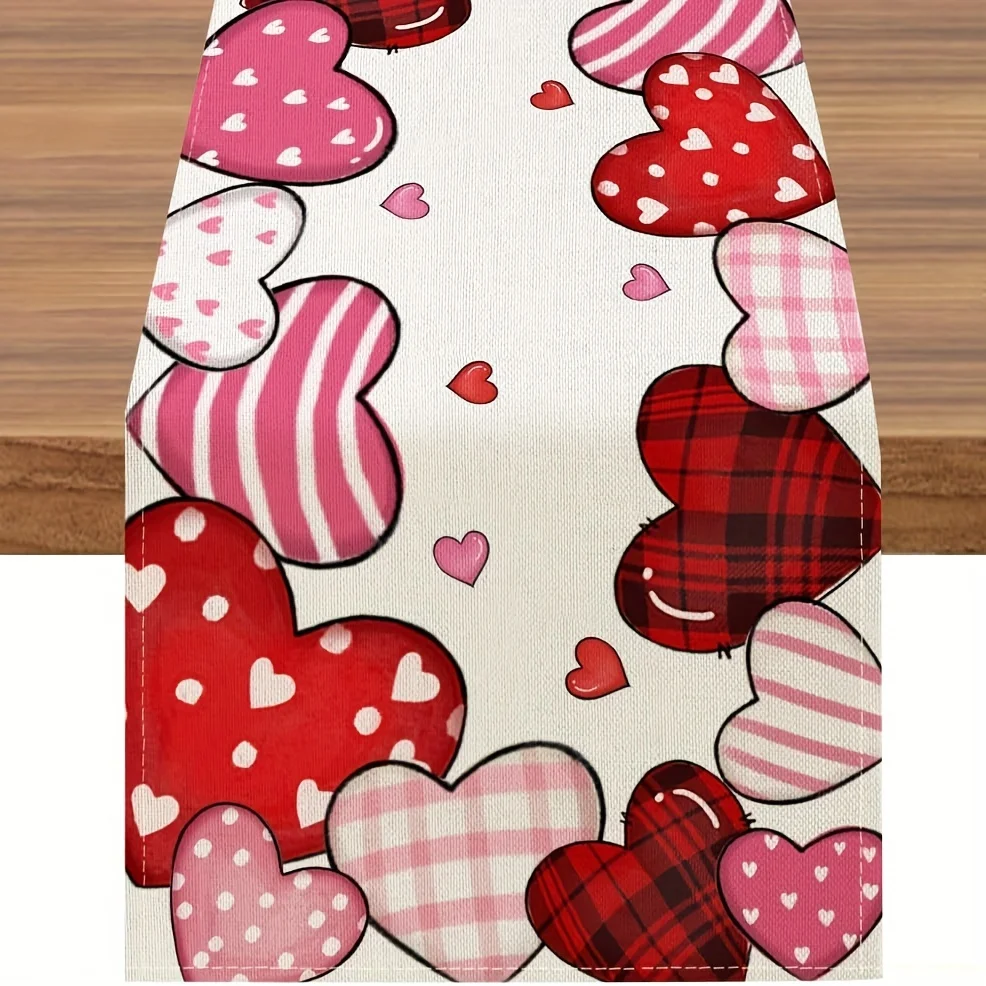 Camino de mesa de lino con diseño de corazón del Día de San Valentín, varios tamaños para decoración de comedor de aniversario de boda