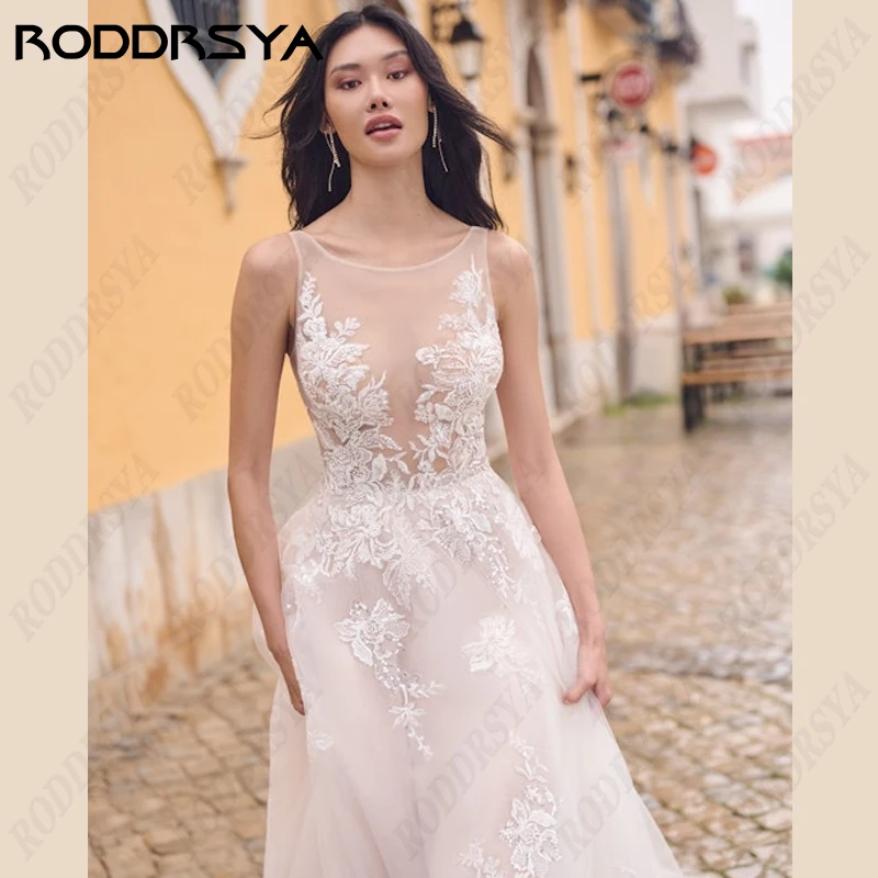 RODDRSYA Elegante A-lijn trouwjurk voor dames Boho-applicatie met ronde hals en bruidsjurk illusie knoop achterkant kant de Mariée Elegante A-lijn trouwjurk voor dames Boho-applicatie met ronde hals en bruidsjurk illus