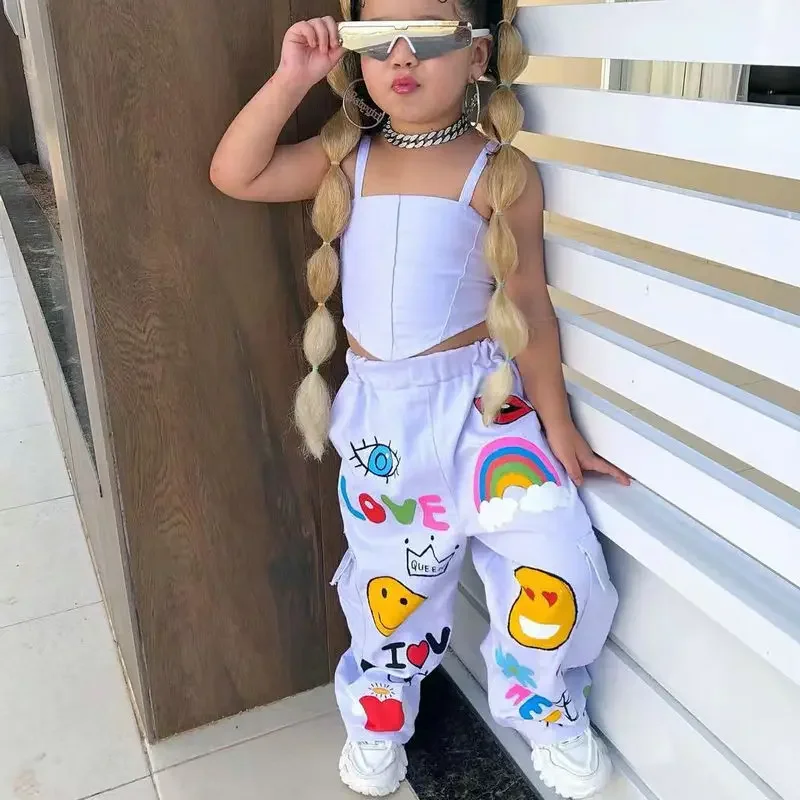 2024 Summer New Girls Fashion Solid Halter irregolare Top + Cartoon Print Pants 2 pezzi Set abbigliamento Casual per bambini età 1-8Y