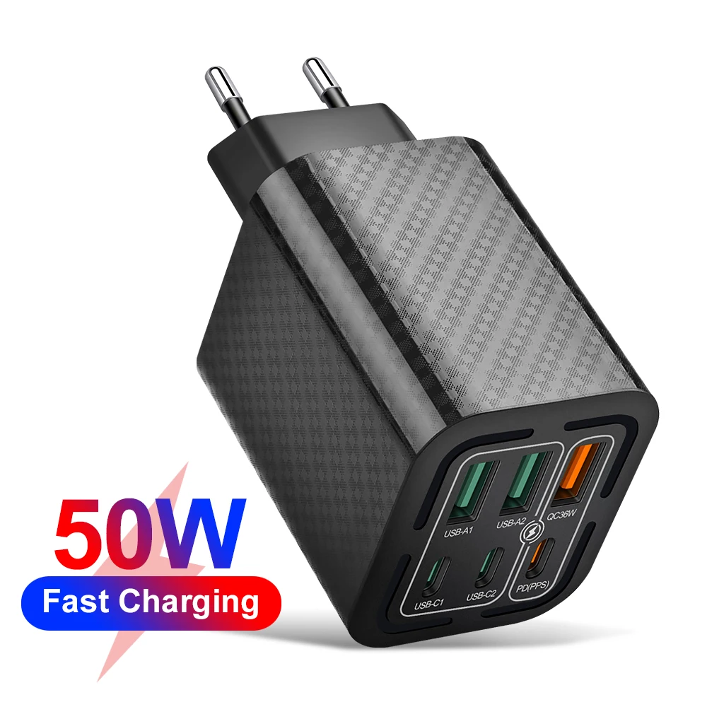 

50W USB Type C Charger PD PPS Quick Charge 6 Ports Fast Phone Charger Adapter For iPhone 16 15 14 13 12 Pro Max Samsung Xiaomi