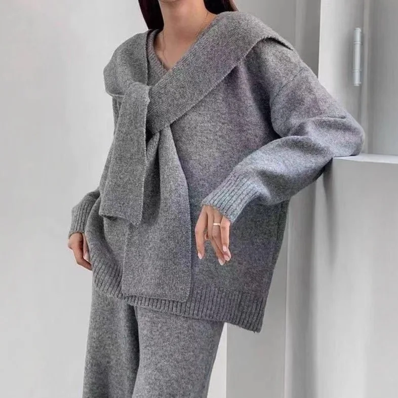 

Casual Style Knitted Set for Women, 2025 Autumn and Winter Pullover Sweater, High-waisted Casual Pants, Shawl Three-piece Set.