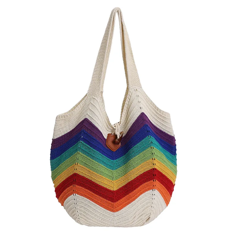 

Вместительная вязаная сумка-тоут, летняя богемная пляжная сумка через плечо с радужным узором, женская новинка 2026 года, красочная пляжная сумка Bolsa Feminina