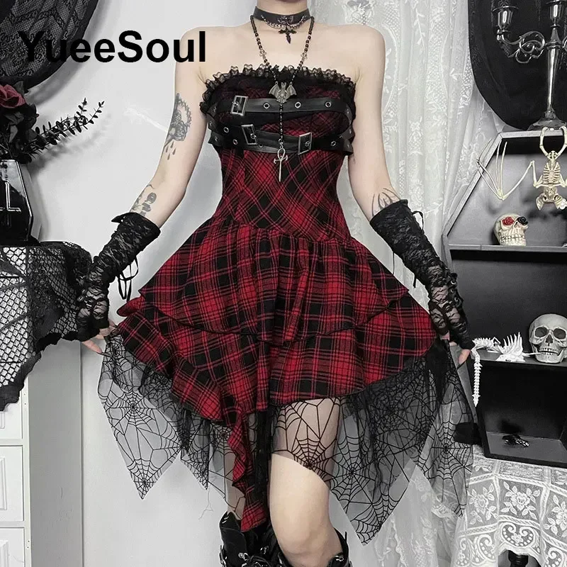 Gothic Mini Dress Lace Sleeveless Slim Sexy Women Dresses 2024 New Grunge Punk Y2K Harajuku Lolita Fairy Core Party Dress