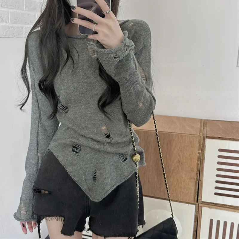 GIDYQ Grey Hollow Out Sweaters Women Harajuku Vintage Irregular Thin Lazy Wind Pullovers Y2k Streetwear All Match Knit Jumpers