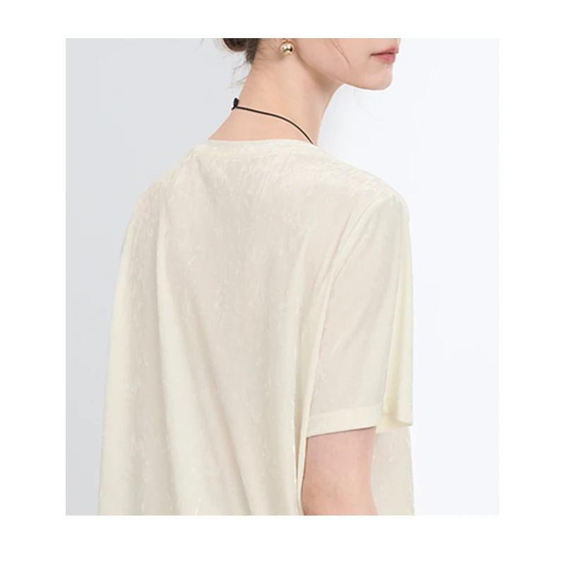 Camiseta de terciopelo de seda de morera para mujer, jerseys de cuello redondo de manga corta, Simple y elegante, ropa de lujo ligera, cómoda