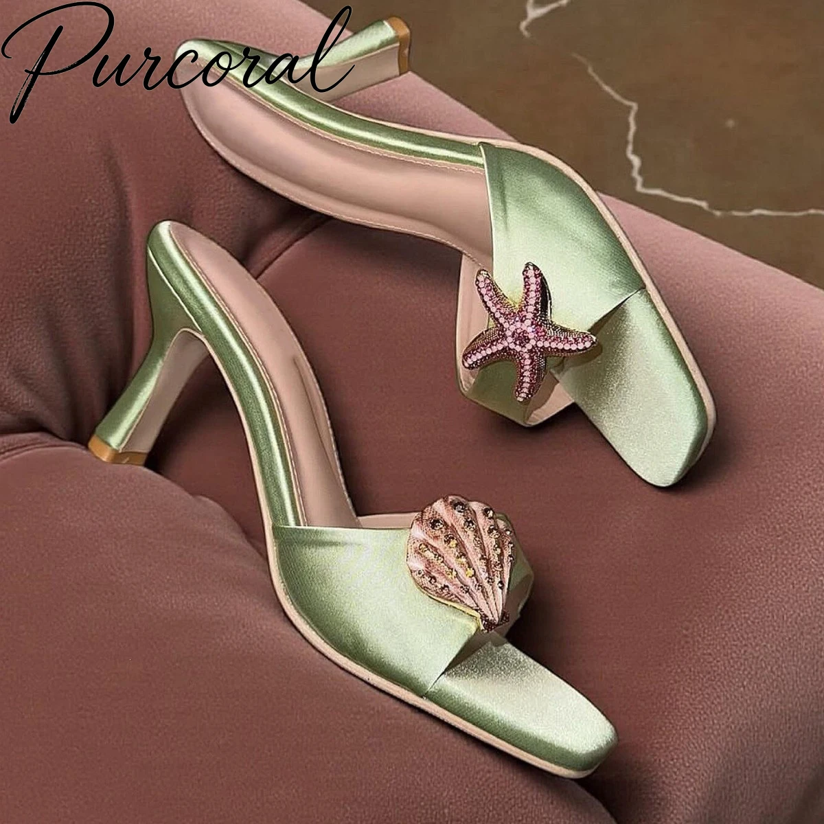2026 New Women Satin Mule Heels Square Open Toe Sea Star Shell Rhinestone Decor Block Heel Slippers Summer Vacation Sandalias