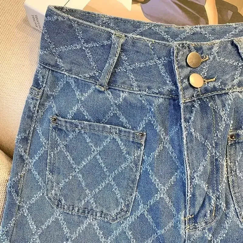 بنطلون جينز عصري عالي الخصر للنساء ، بنطلون ياباني منقوشة ، بنطلون رفيع ، موضة الشباب ، الصيف ، طراز جديد ،