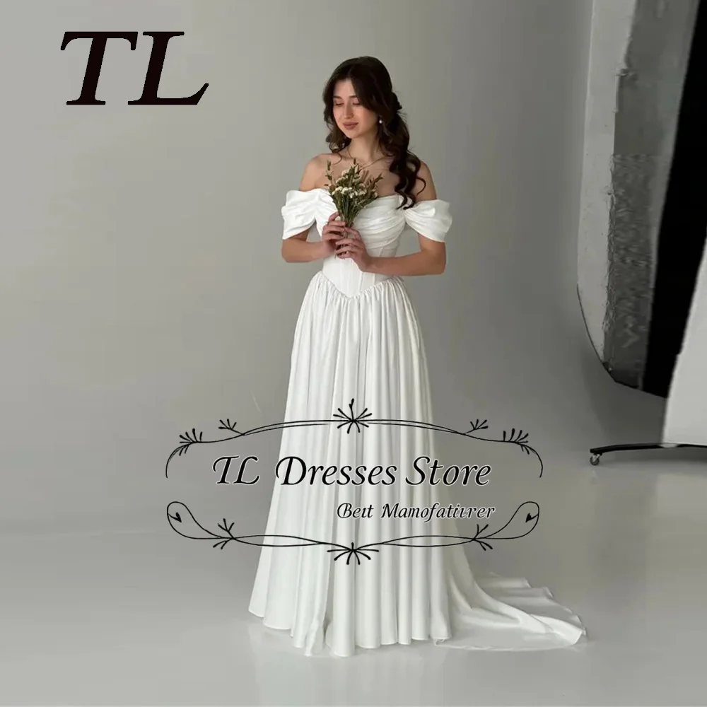 TL 2026 Off The Shoulder Pleat Sweetheart Thick Satin A Line Wedding Dress V-shape Waistline Custom Made Rode De Morrie
