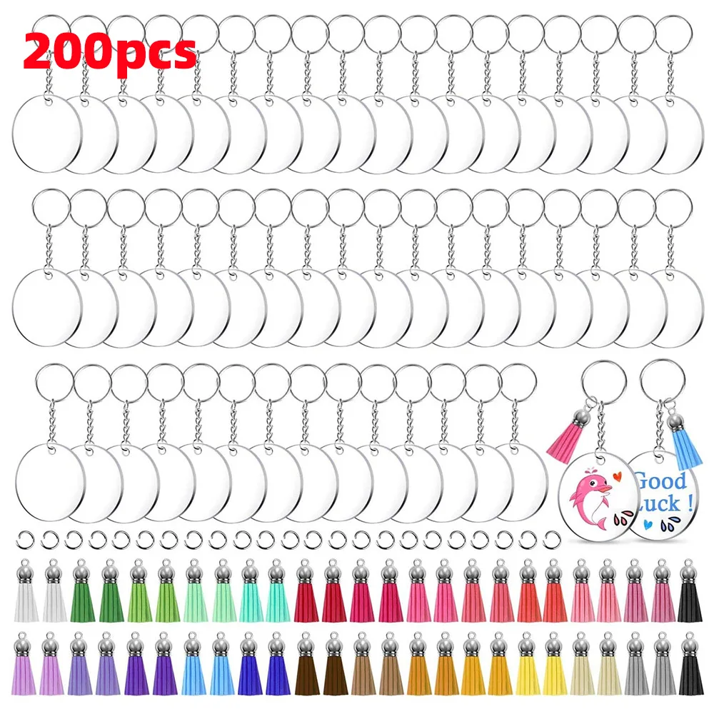 

200Pcs/Set Clear Acrylic Keychain Blanks With Keychain Tassels Key Chain Rings Jump Rings For DIY Keychain Vinyl Crafting