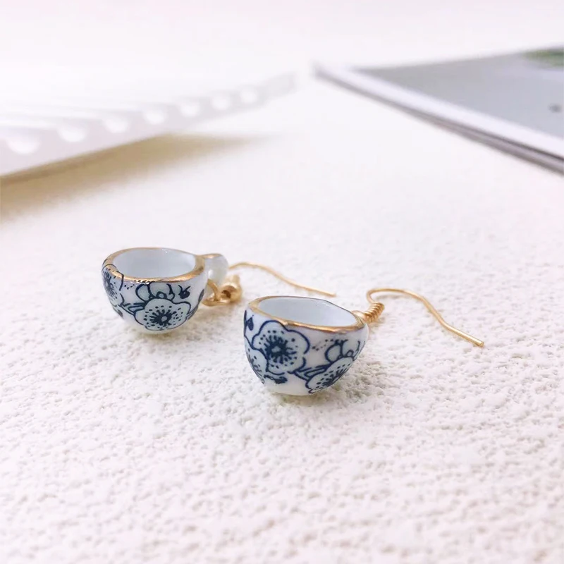 Modern Handmade Ceramic Cup Design Earrings for Women Blue White Enamel Trendy Golden Color Earrings Gift Wholesale