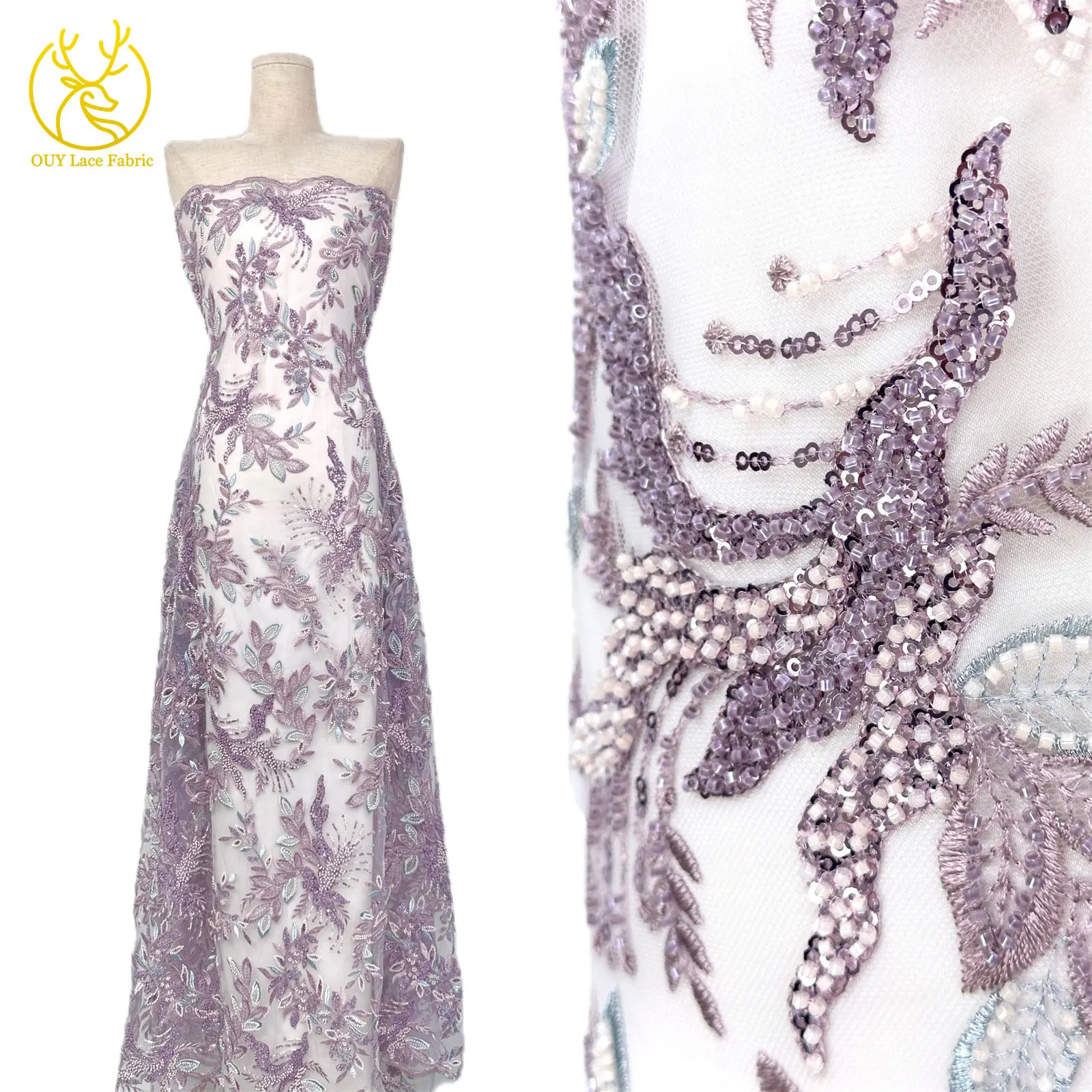 Eleganter afrikanischer Perlen-Stickerei-Spitzenstoff, 5 Yards, nigerianische französische Pailletten-Tüllspitze für Damen, Partykleid, DIY-Nähen – Detail 5