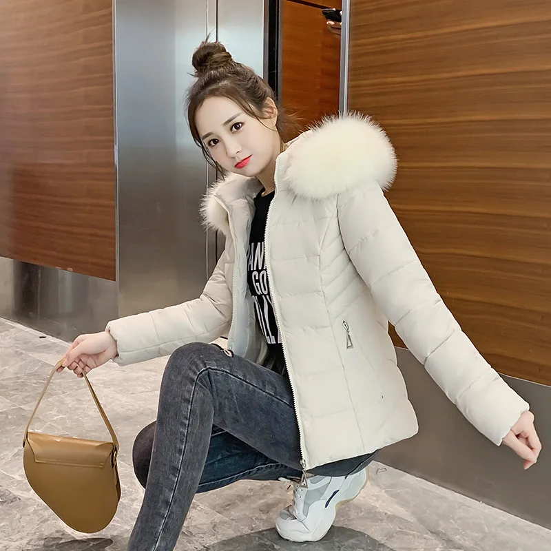 Hooded Women Parkas Coat Short Jacket Solid Oversize Fur Collar Long Sleeve Zipper Slim Fit Thick Office Lady Casual Winter 2025