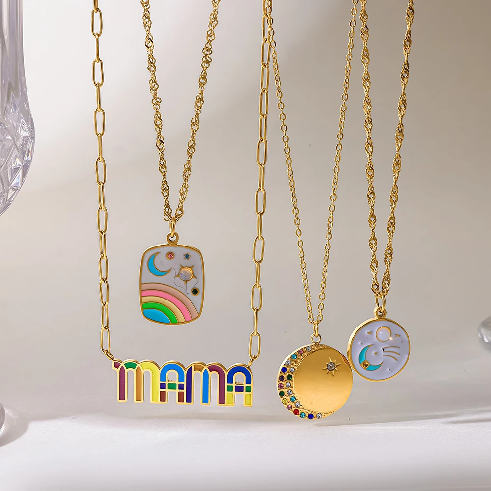INS Colorful MAMA Letter Pendant Necklace 18K Gold Plated Stainless Steel Rainbow Enamel Star Moon Gift for Women Charm Jewelry