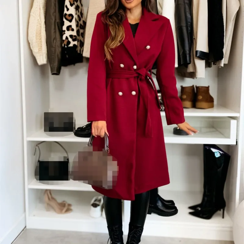 

Сплошной цвет, модное простое двухрядное шерстяное пальто с пряжкой для женщин, осень-зима, новый стиль, завязанное пальто Manteaux Hiver Femme