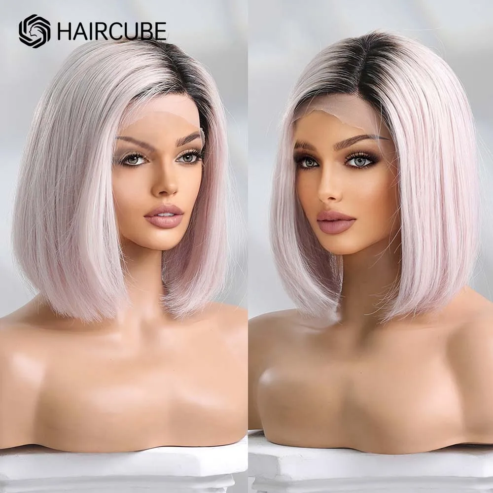 HAIRCUBE Seite Teil Pastell Rosa Bob Menschliches Haar Perücke Schulter Länge Gerade 13 × 5 × 1 Lace Front Perücken für Frauen Natürliche Remy Haar