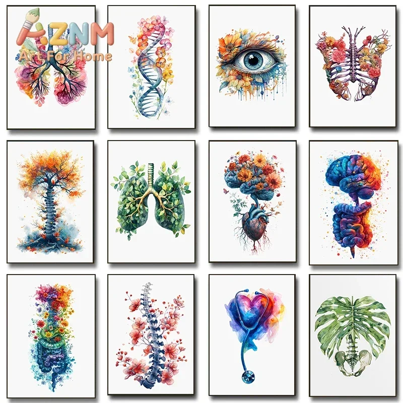 AZNM Watercolor Human Anatomy Canvas Wall Art Floral Organ Brain Heart Lung Spine Medical Art Print Unframed Canvas Poster for C