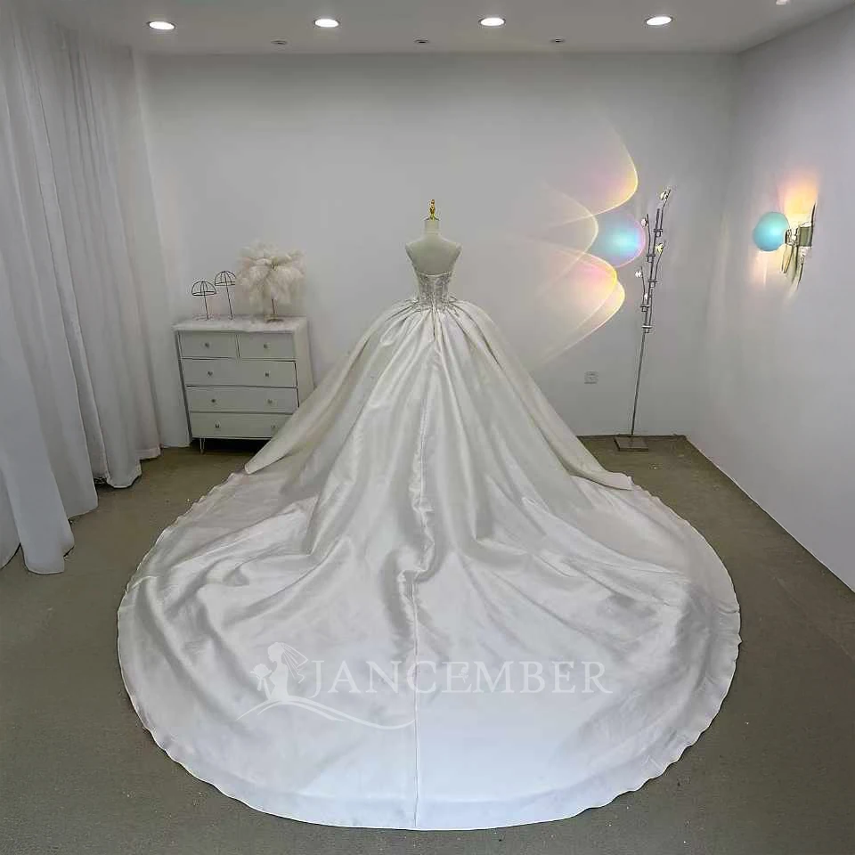 Customized Exquisite Beaded Lace Appliqué Shiny Women Strapless Wedding Dress Satin Princess Bridal Gown Vestido De Novia
