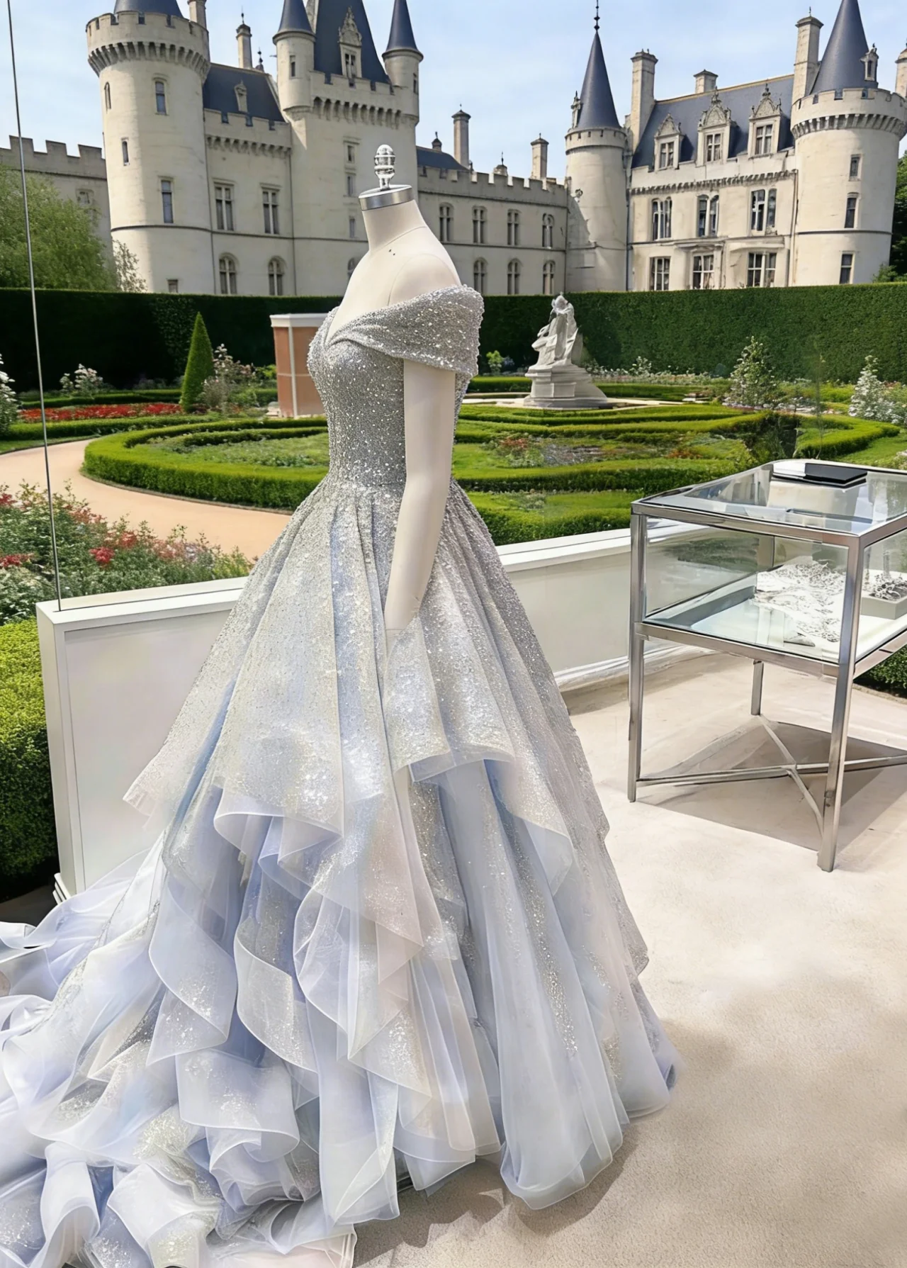 Maßgeschneidertes graues A-Linien-Abendkleid mit Blumenmuster, schulterfrei, Korsett, ärmellos, bodenlang, formelle Abendkleider