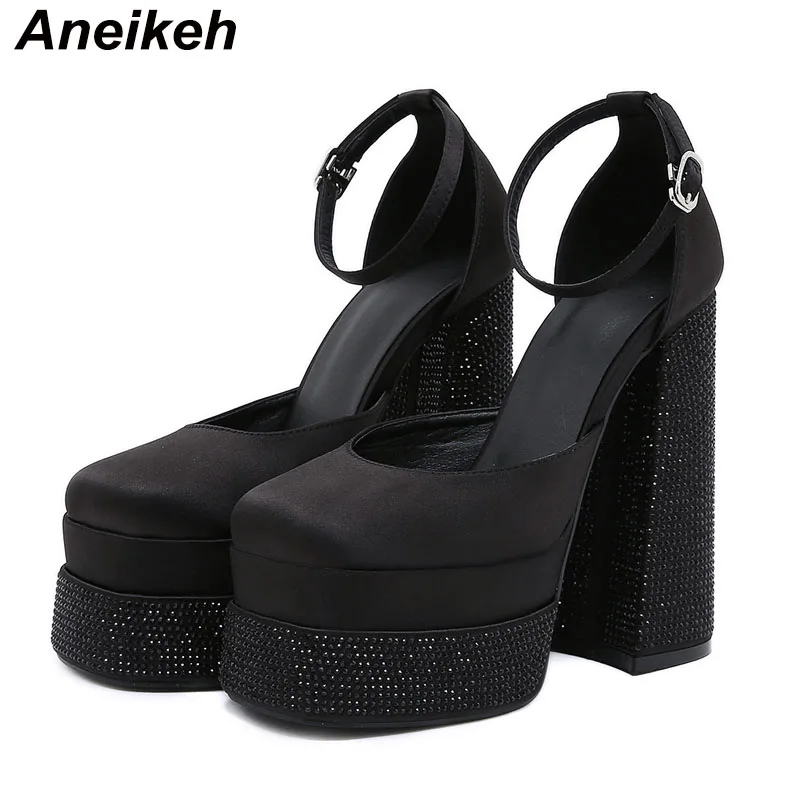 Aneikeh 2025 Primavera/Autunno Moda Punta Rotonda Piattaforma Tacco Spesso Scarpe da Donna in Seta Bling Tacchi Super Alti Festa di Nozze 35-42