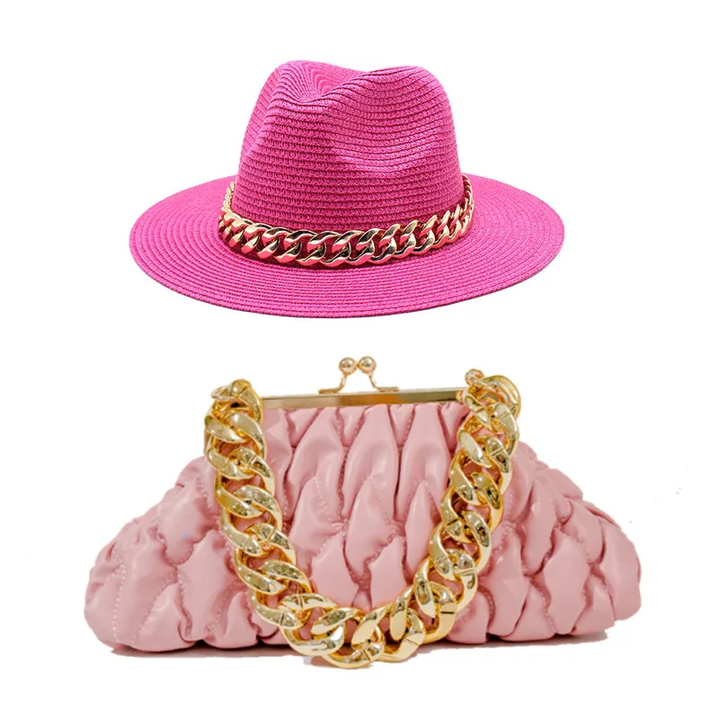 hat bag sets women fedoraStraw Hat and Bag Set Gold Chain Bag Hat Set Ladies earring fedora Church Fedora Party Jazz Straw Hat