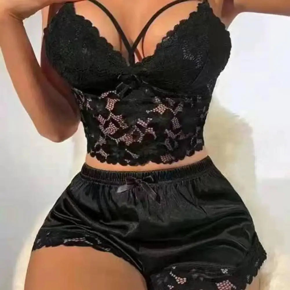 2 Pcs/Set Women Pajama Set Valentines Day Sleepwear Hollow Out Lace V Neck Backless Sleeveless Crop Top High Waist Satin Shorts image 4