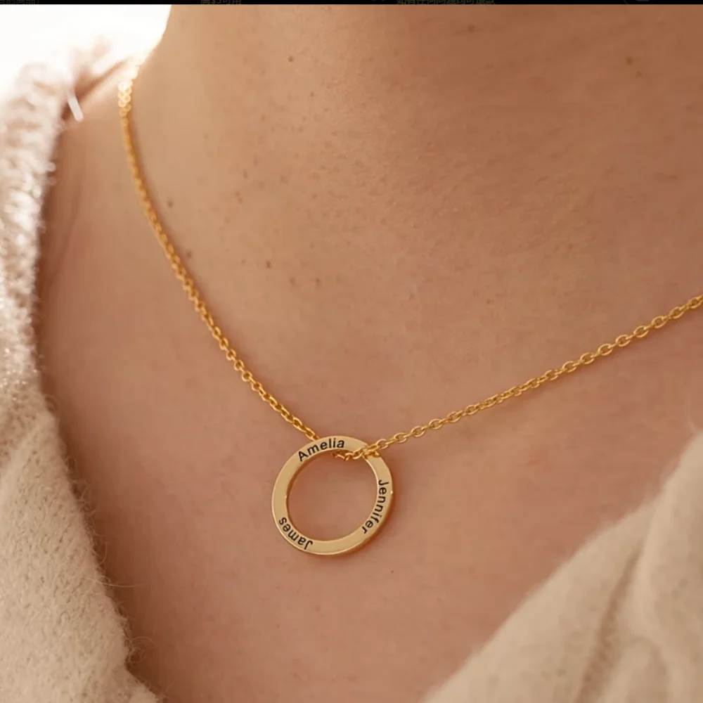 Personalized Engraved Circle Name Necklace, Hollow Pendant, Custom Multi Names Stainless Steel Jewelry for Women