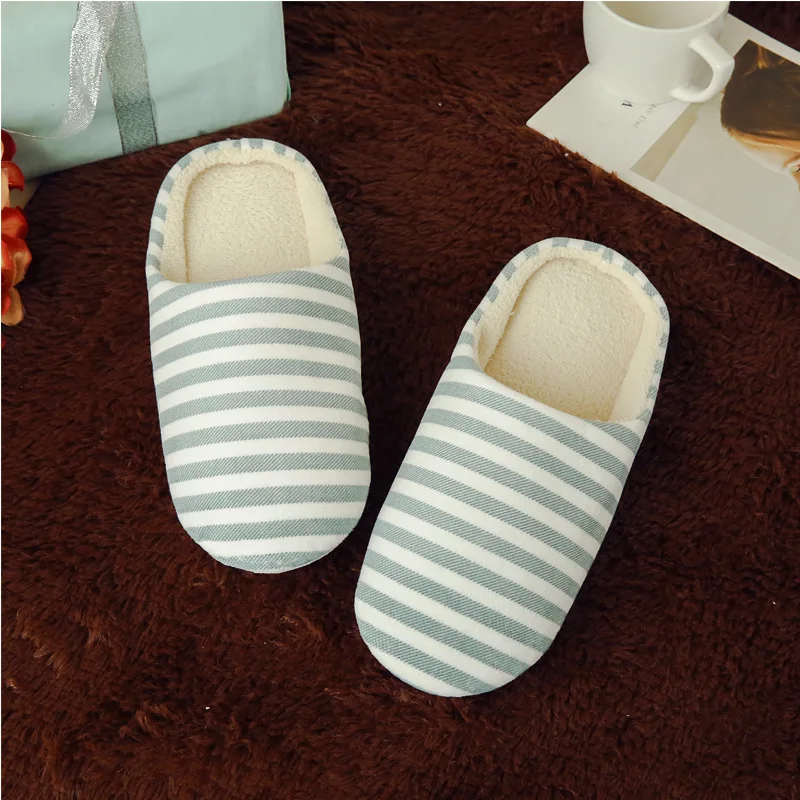 Women Men Slippers Warm Striped Slipper Indoors Anti-slip Winter House Plush Shoes Bedroom Couples Non-slip Soft Floor Shoes