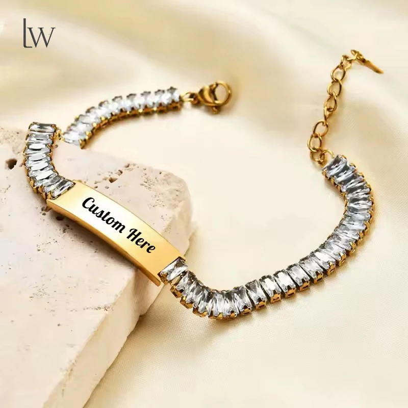 

Custom Text Stainless Steel Bracelet Zircon Charm Watch Band Style Personalized Engraved Jewelry Gift for Girl Mother's Day