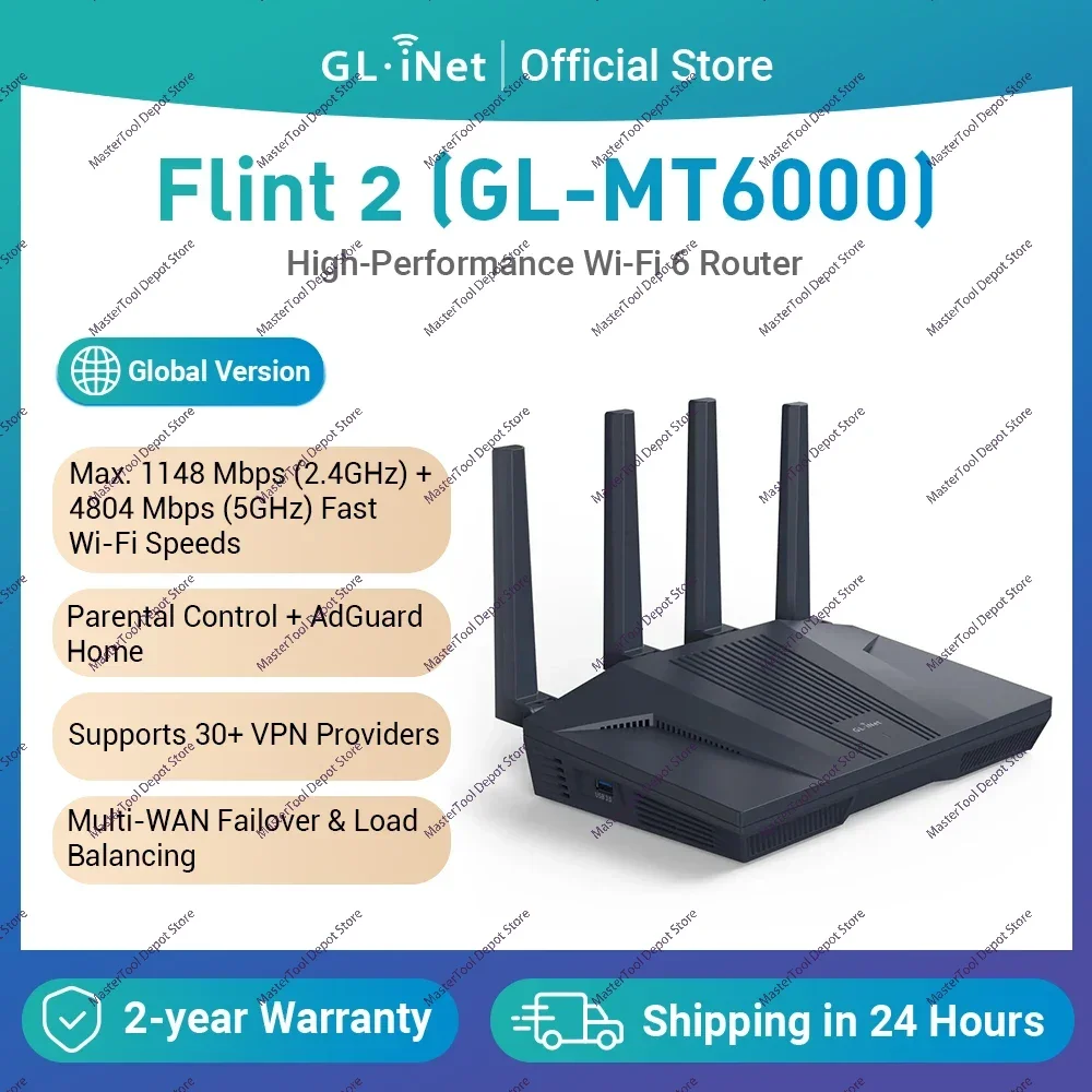 GL.iNet Flint 2 (GL-MT6000) Home and Office Router, 8-Stream Wi-Fi 6 Technology, OpenWrt, 2.5G Ethernet Port